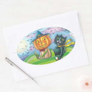 STICKER OVALE HALLOWEEN ROAD TRIP, JACK ET CHAT NOIR AMIS