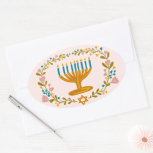 Sticker Ovale HANOUKKA Menorah couronne florale Juive Holiday