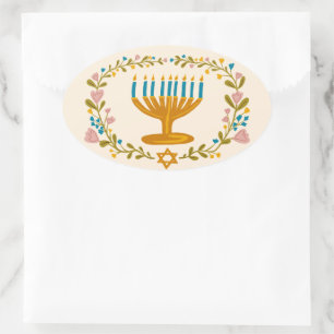 Sticker Ovale HANOUKKA Menorah couronne florale Juive Holiday