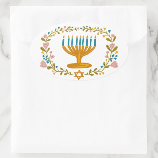 Sticker Ovale HANOUKKA Menorah couronne florale Juive Holiday (Sac)