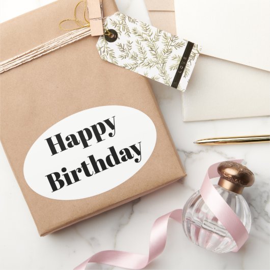 Sticker Ovale Happy Birthday Black White Minimalist Modern 2026 (Cadeaux)