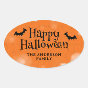 Sticker Ovale Happy Halloween Nom de famille chauves-souris