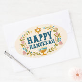 Sticker Ovale HAPPY HANOUKKA fleurie couronne Juive Holiday (Enveloppe)