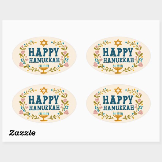 Sticker Ovale HAPPY HANOUKKA fleurie couronne Juive Holiday (Feuille)