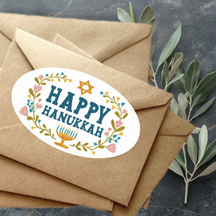 Sticker Ovale HAPPY HANOUKKA fleurie couronne Juive Holiday
