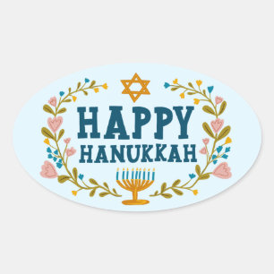 Sticker Ovale HAPPY HANOUKKA fleurie couronne Juive Holiday