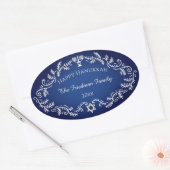 Sticker Ovale Happy Hanoukka Menorah White Festive Frame on Blue (Enveloppe)