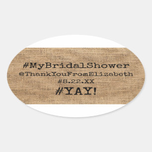 Sticker Ovale Hashtag #Mon Merci De Fête des mariées Sur Burlap 