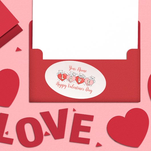 Sticker Ovale Heureuse Sainte-Valentin, Cute Chats Avec Coeurs