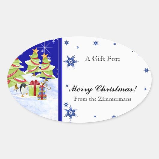 Sticker Ovale Hivernal Whimsy mignonne bébé pingouin dans l'étoi (Devant)