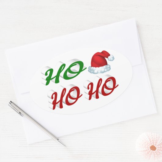 Sticker Ovale Ho Ho Ho Santa Hat Noël rouge vert script (Enveloppe)