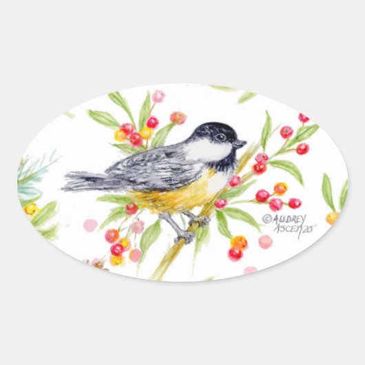 Sticker Ovale Holiday Chickadee Berry Branch Greeting Card (Devant)