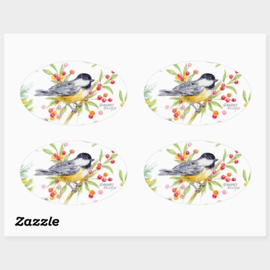 Sticker Ovale Holiday Chickadee Berry Branch Greeting Card (Feuille)