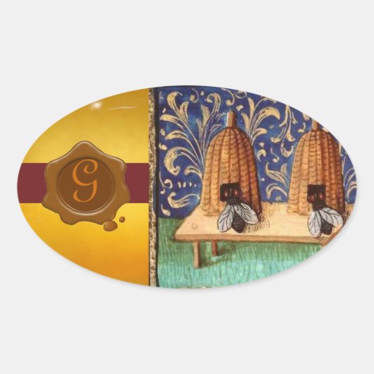 STICKER OVALE HONEY BEE, MONOGRAMME DE SCEAU DE CIRE BROWN (Devant)
