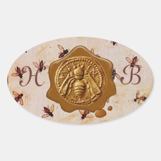 STICKER OVALE HONEY BEE, MONOGRAMME DE SCEAU DE CIRE BROWN (Devant)