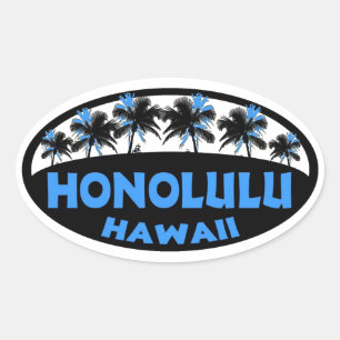 Sticker Ovale Honolulu Hawaii bleu palmiers noirs ovales autocol