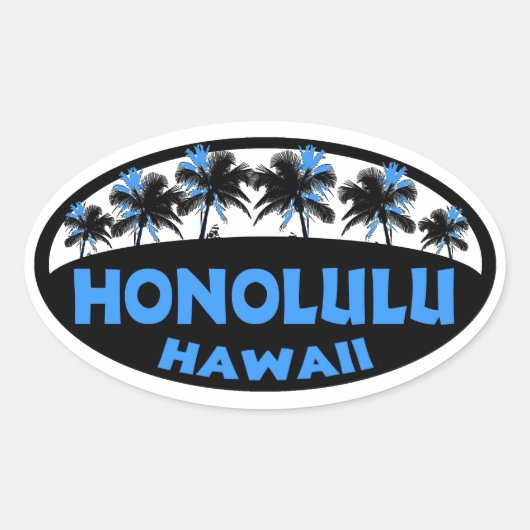 Sticker Ovale Honolulu Hawaii bleu palmiers noirs ovales autocol (Devant)