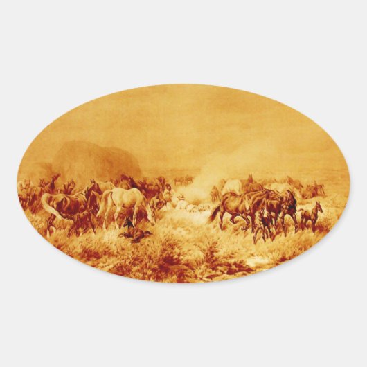 Sticker Ovale HORSES GRAZER, Antique Orange Jaune Brown Oval (Devant)