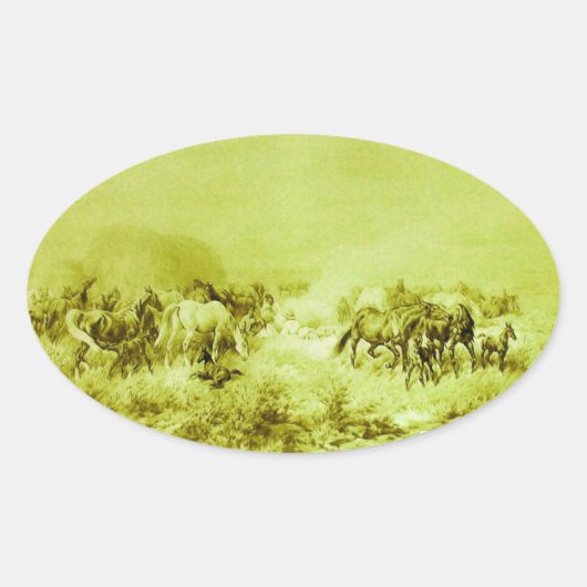 Sticker Ovale HORSES GRAZER, Olive Oval vert antique Oval (Devant)