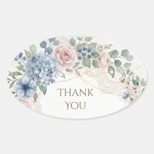 Sticker Ovale Hydrangea Rose Bleu Poussiéreux Merci Ovale (Devant)