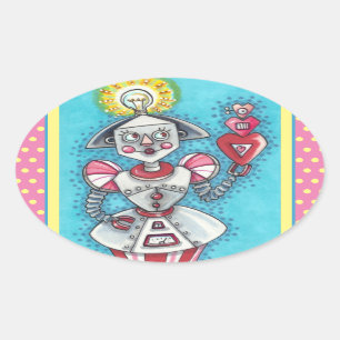 STICKER OVALE IDÉE CLAIRE ROBOT DE FILLE, COEURS MÉCANIQUES COLO