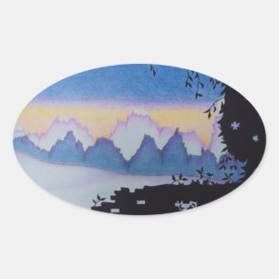 Sticker Ovale Illustration du paysage du coucher du soleil sur l