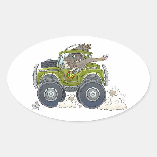 Sticker Ovale Illustration d'un éléphant conduisant une jeep. (Devant)