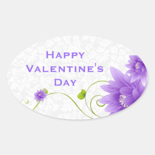 Sticker Ovale Illustration Florale Violette Blanche Et Verte