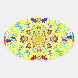Sticker Ovale Impression d'art de design damassé floral coloré b