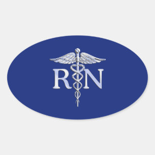 Sticker Ovale Infirmière inscrite RN Silver Caduceus Navy Blue d