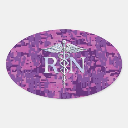 Sticker Ovale Infirmière inscrite RN Silver Caduceus sur Camo Ro (Devant)