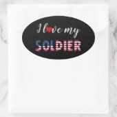 Sticker Ovale J'aime mon soldat, Coeur American Flag Typographie (Sac)