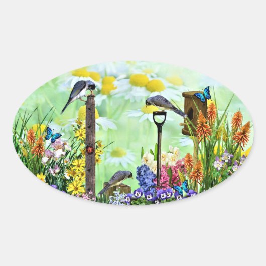 Sticker Ovale Jardin aux fleurs Birdhouse (Devant)