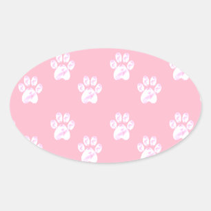 Sticker Ovale Joli motif de patte blanche sur rose