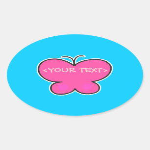 Sticker Ovale joli papillon rose, <YOUR TEXT>, ()