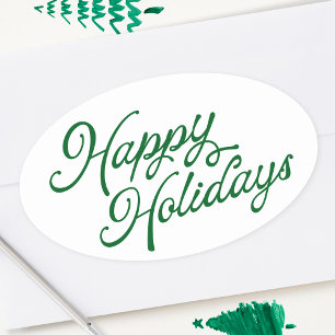 Sticker Ovale Joyeuses Fêtes Lettre Vert et Blanc