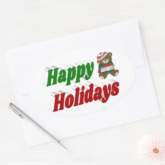 Sticker Ovale Joyeuses fêtes Teddy Bear typographie de Noël (Enveloppe)