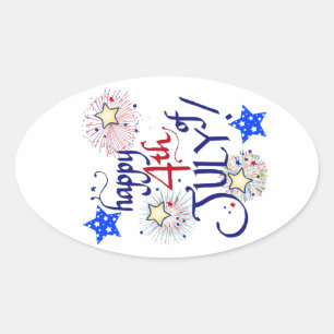 Sticker Ovale Joyeux 4 juillet ! avec feux d'artifice et étoile