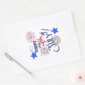 Sticker Ovale Joyeux 4 juillet ! avec feux d'artifice et étoiles (Enveloppe)
