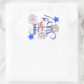 Sticker Ovale Joyeux 4 juillet ! avec feux d'artifice et étoiles (Sac)