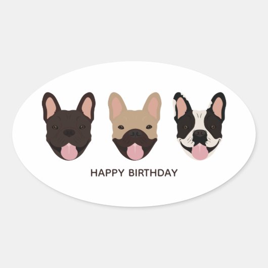 Sticker Ovale Joyeux Bulldogs français d'anniversaire souriant (Devant)