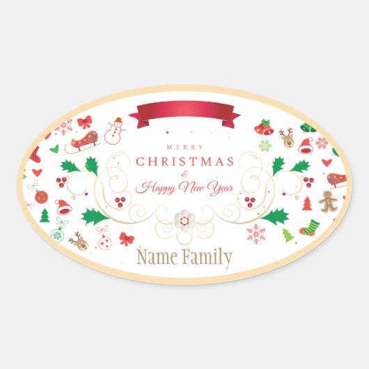 Sticker Ovale Joyeux hiver Noël et Nouvel An (Devant)