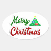 Sticker Ovale Joyeux Noël Arbre rouge vert script (Devant)