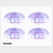 Sticker Ovale Joyeux Noël Maison Blanche Flocons de Neige Violet (Feuille)