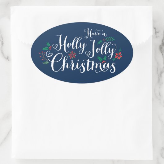 Sticker Ovale Joyeux Noël Navy Bleu Script (Sac)