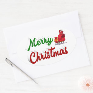 Sticker Ovale Joyeux Noël Père Noël Sleigh rouge vert script