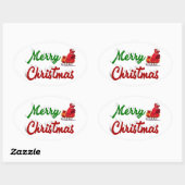 Sticker Ovale Joyeux Noël Père Noël Sleigh rouge vert script (Feuille)