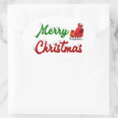 Sticker Ovale Joyeux Noël Père Noël Sleigh rouge vert script (Sac)