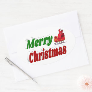 Sticker Ovale Joyeux Noël Père Noël Sleigh rouge vert typographi