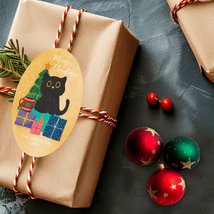 Sticker Ovale Joyeux Noël Sable Mignon Chat Noir Arbre de Noël